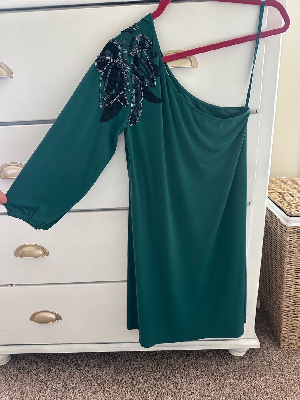 Gianni Bini One-Shoulder Emerald Green Dress with Beaded Shoulder Applique